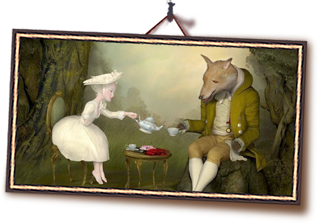 tableau avec scne du XVIIme sicle reprsentant deux personnages de la noblesse, une jeune-fille (un bras amput) servant le th  un loup
